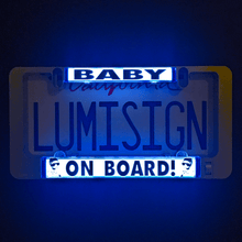 Load image into Gallery viewer, Baby-On-Board-Blue-LumiSign-license-plate-frame-Night-Picture