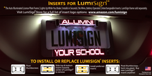 Load image into Gallery viewer, LumiSign – The Auto Illuminated License Plate Frame with Switchable Inserts | Lights Up While You Brake | No Wires, Battery Operated | Installs in Seconds (Grey Frame)
