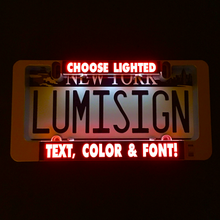 Load image into Gallery viewer, LumiSign – The Auto Illuminated License Plate Frame with Switchable Inserts | Lights Up While You Brake | No Wires, Battery Operated | Installs in Seconds (Black Frame)
