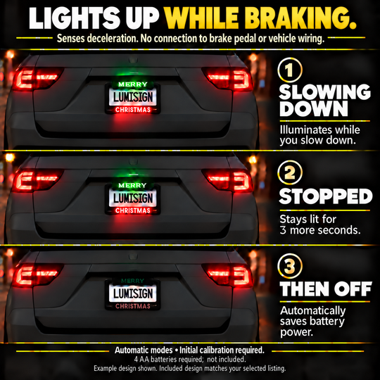 Car rear with illuminated LED license plate frame reading "Merry LUMISIGN Christmas"