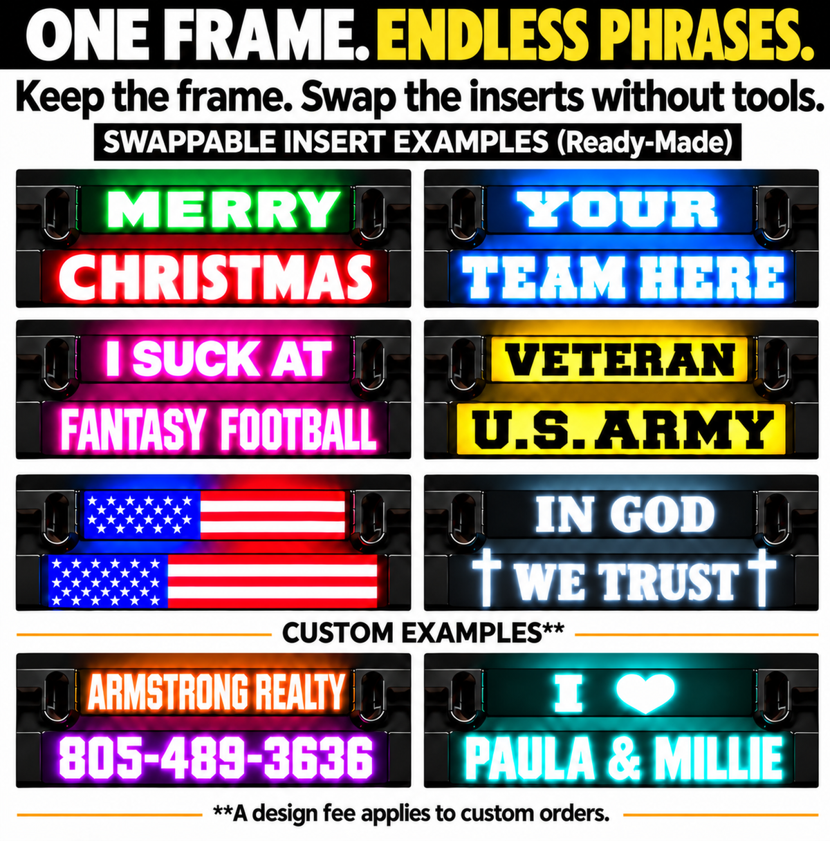 LED license plate frame with swappable light inserts and example message panels