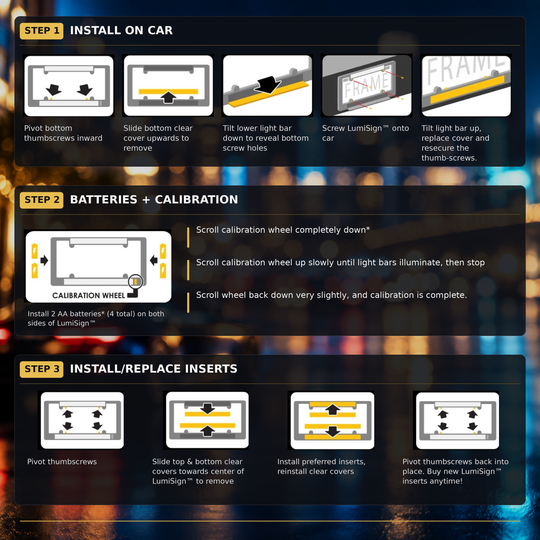 LED license plate frame installation steps showing mounting and insert replacement