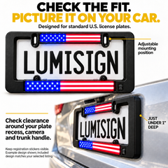 Black LED license plate frame with lighted U.S. flag inserts and mounting clips