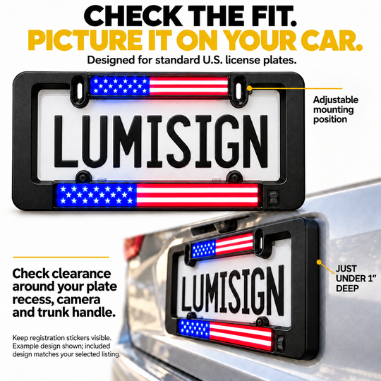 Black LED license plate frame with lighted U.S. flag inserts and mounting clips