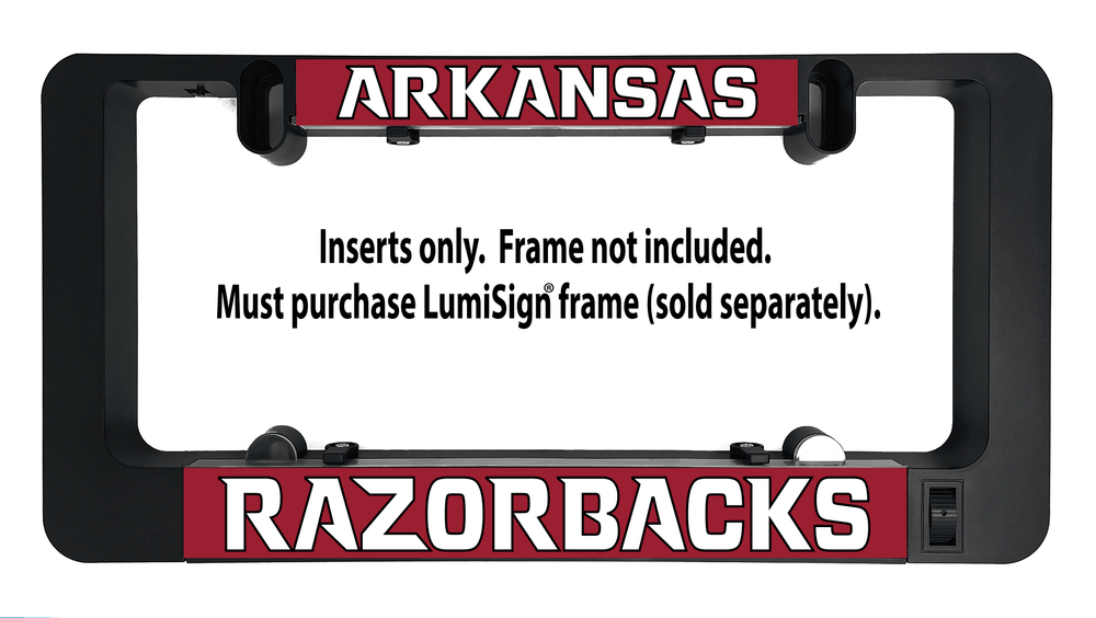 LumiSign inserts with ARKANSAS top banner and RAZORBACKS bottom banner, red and white