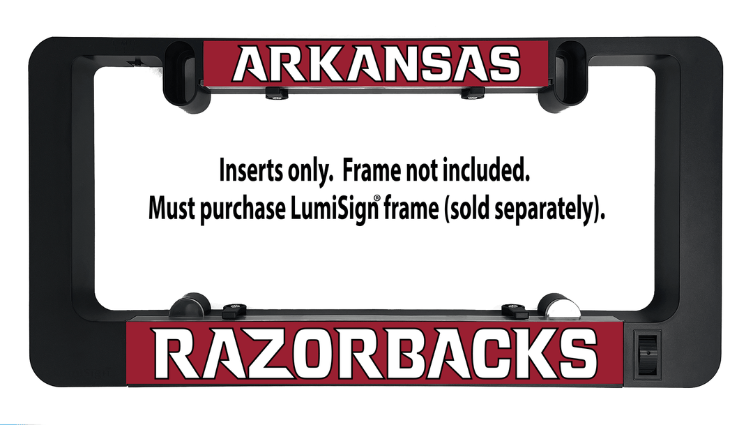 LumiSign inserts with ARKANSAS top banner and RAZORBACKS bottom banner, red and white