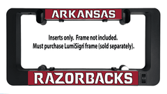 LumiSign inserts with ARKANSAS top banner and RAZORBACKS bottom banner, red and white