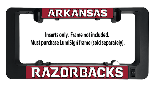 LumiSign inserts with ARKANSAS top banner and RAZORBACKS bottom banner, red and white