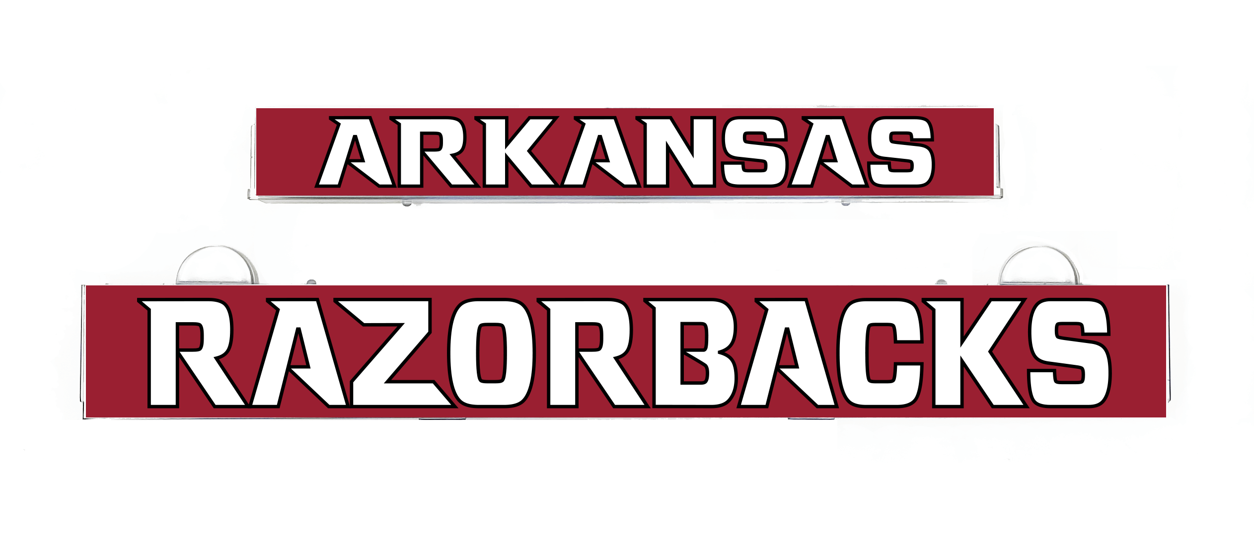 LumiSign insert with red ARKANSAS text and RAZORBACKS banner, white outline
