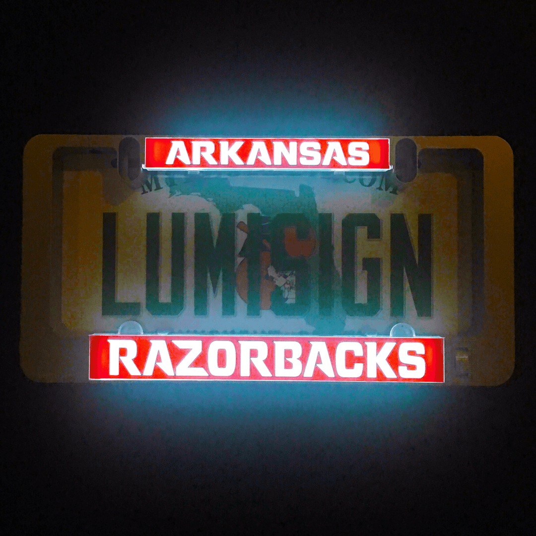 Illuminated LumiSign insert showing ARKANSAS and RAZORBACKS banners in red and white
