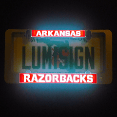 Illuminated LumiSign insert showing ARKANSAS and RAZORBACKS banners in red and white