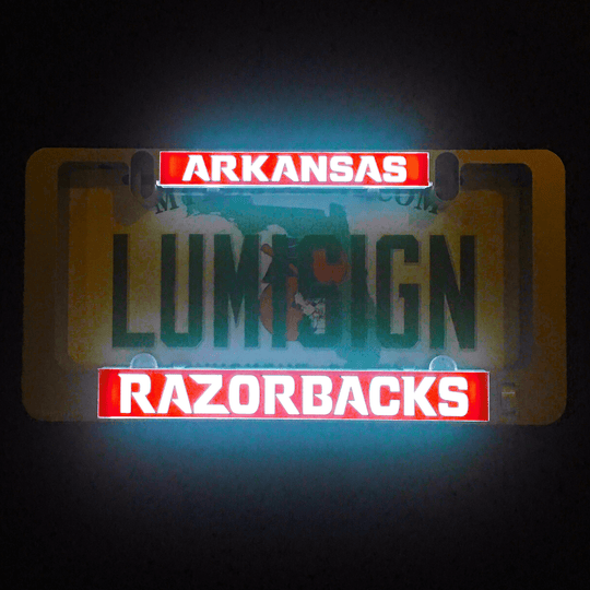 Illuminated LumiSign insert showing ARKANSAS and RAZORBACKS banners in red and white