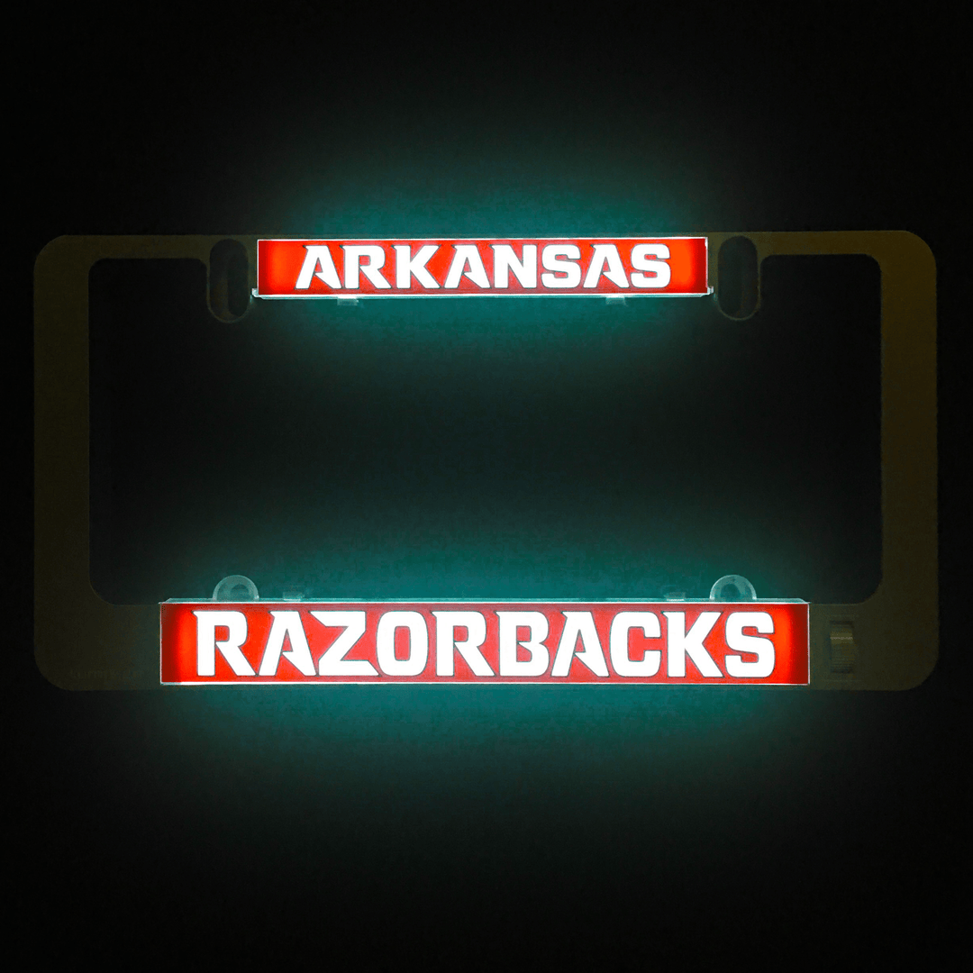 Illuminated LumiSign insert with ARKANSAS top and RAZORBACKS bottom banners in red/white