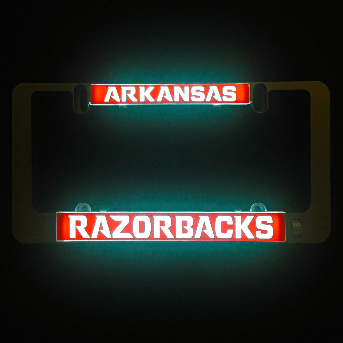 Illuminated LumiSign insert with ARKANSAS top and RAZORBACKS bottom banners in red/white