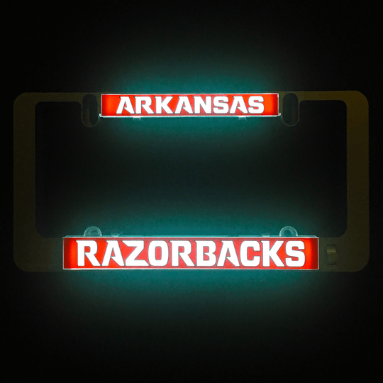 Illuminated LumiSign insert with ARKANSAS top and RAZORBACKS bottom banners in red/white