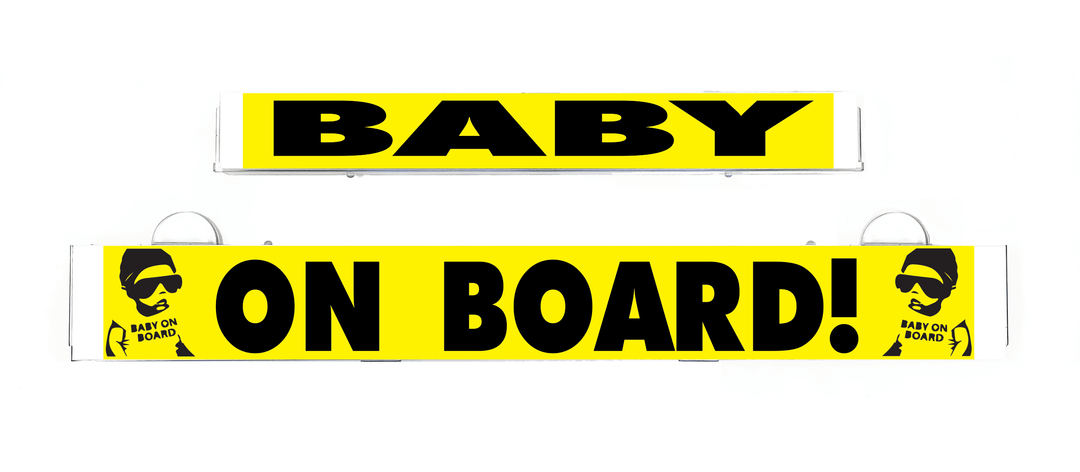Rectangular yellow "BABY ON BOARD" sign insert with baby icons