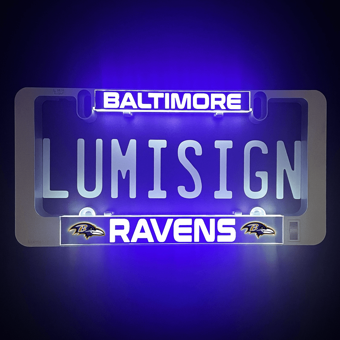 LUMISIGN frame with Baltimore Ravens logo light insert, glowing blue and white