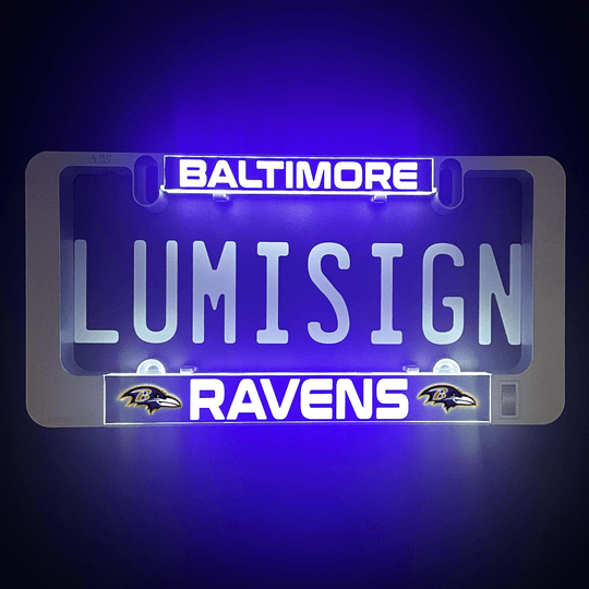 LUMISIGN frame with Baltimore Ravens logo light insert, glowing blue and white