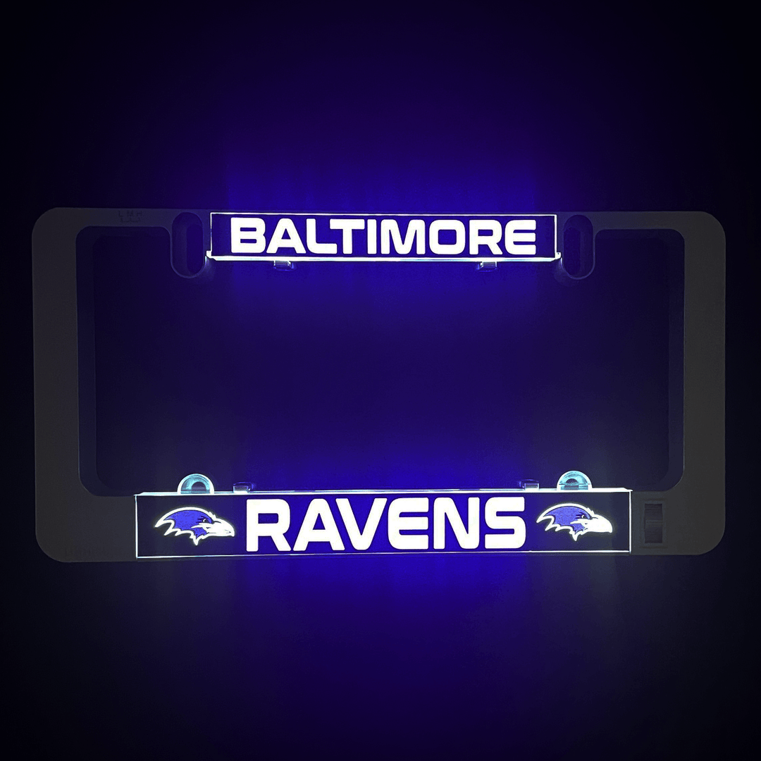 LUMISIGN frame with Baltimore Ravens logo light insert, glowing blue