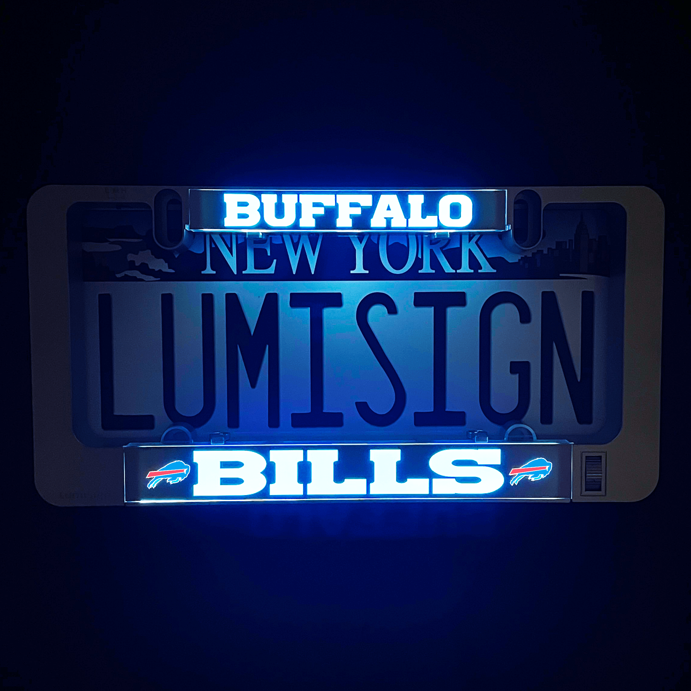 LumiSign license plate insert set with blue BUFFALO NEW YORK and BILLS light design