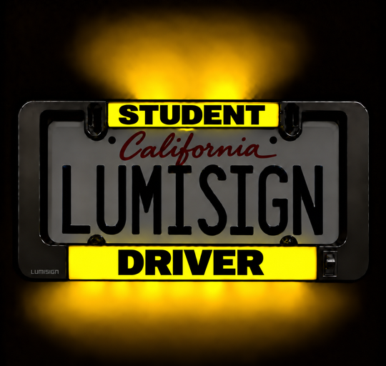Light-up Lumisign license frame with yellow STUDENT DRIVER inserts