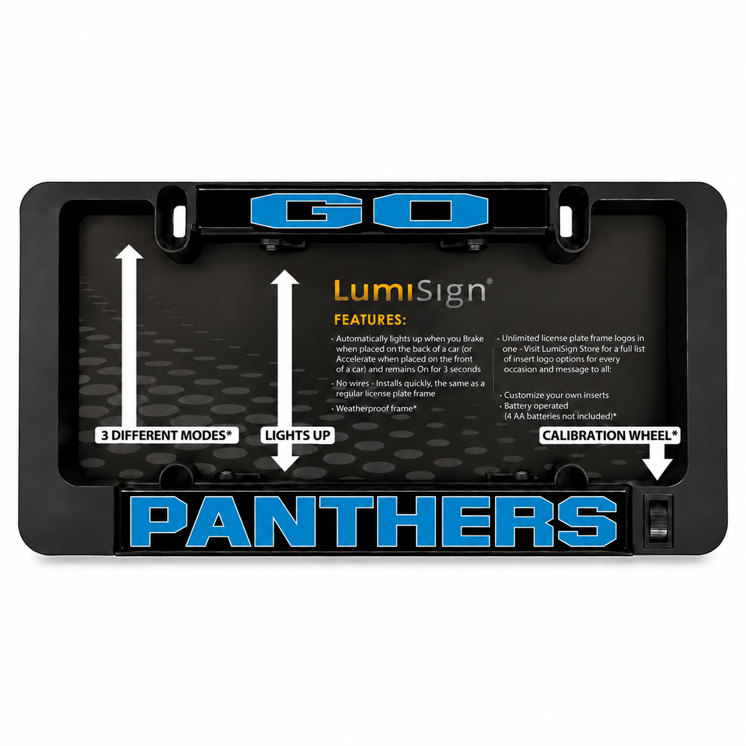 LUMISIGN Panthers LED license plate insert set in black retail packaging with blue graphics