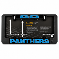 LUMISIGN Panthers LED license plate insert set in black retail packaging with blue graphics