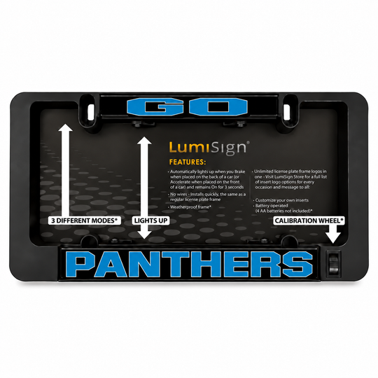 LUMISIGN Panthers LED license plate insert set in black retail packaging with blue graphics
