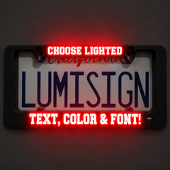 Black illuminated LUMISIGN sign frame with red lighted text
