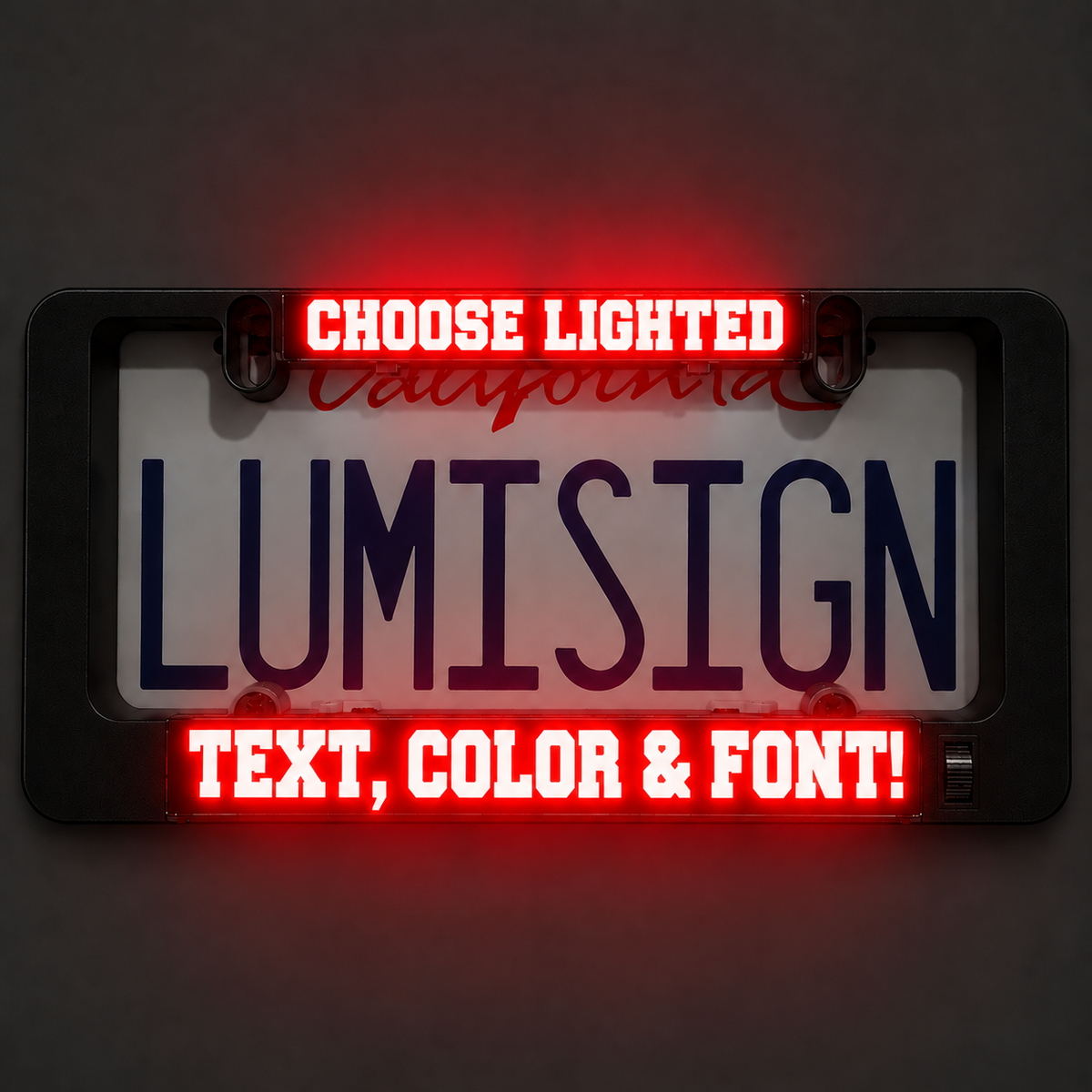 Black illuminated LUMISIGN sign frame with red lighted text