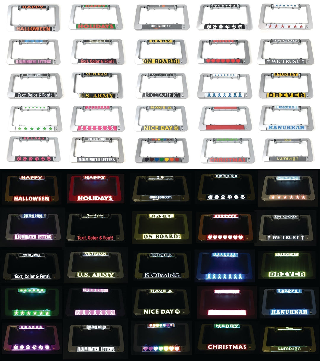 Variety pack of illuminated LumiSign inserts with different icons, colors, and text