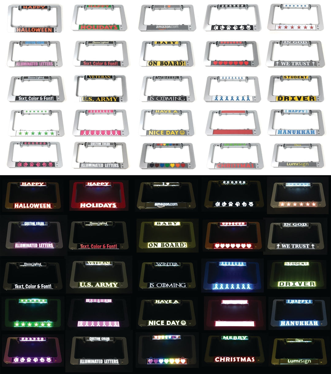 Assorted illuminated LUMISIGN sign insert templates with different colors and styles