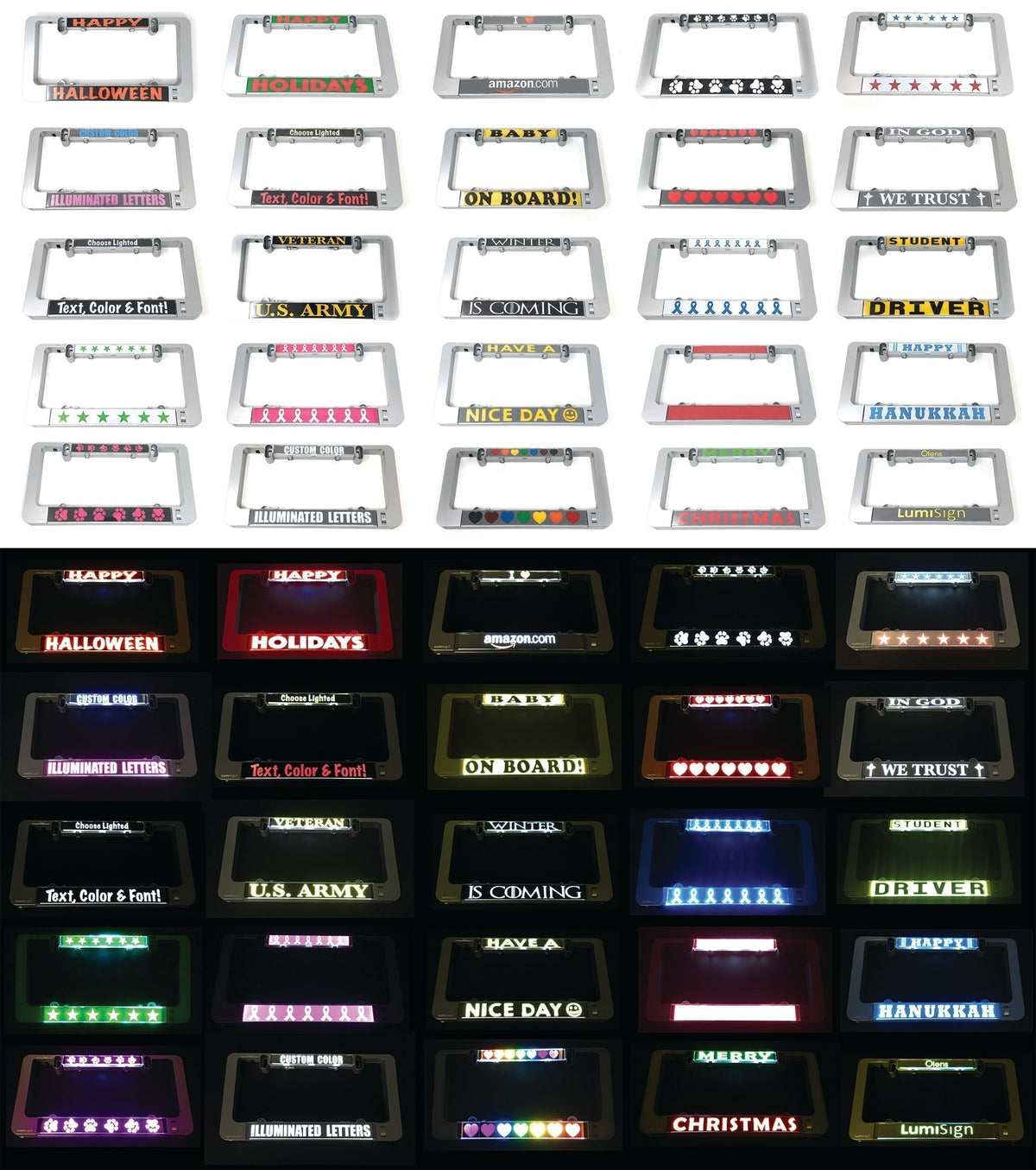 Assorted LumiSign illuminated insert designs in many colors and styles
