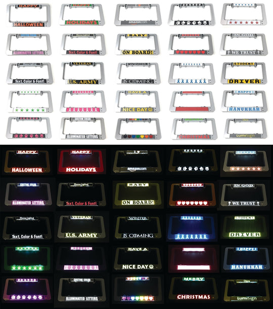 Assorted LumiSign inserts shown in a grid with multi-color LED-style text