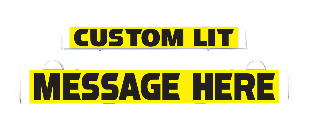 Custom yellow LumiSign light inserts with “CUSTOM LIT” and “MESSAGE HERE” text