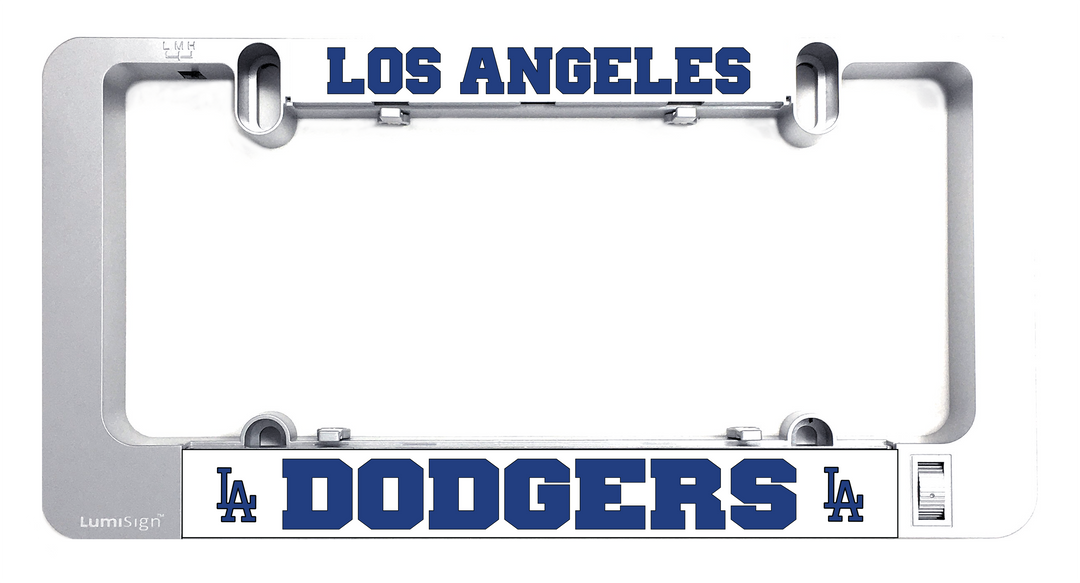 Metallic grey LumiSign license plate frame with LA Dodgers logo and mounting hooks