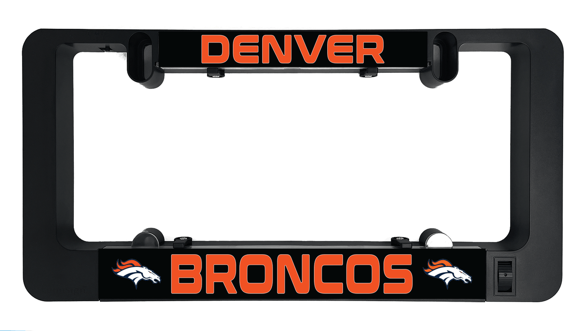 Black LUMISIGN frame with Denver Broncos illuminated insert and top mounting clips