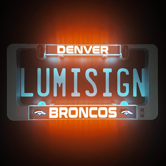 LumiSign insert with glowing DENVER header and BRONCOS logo, blue letters