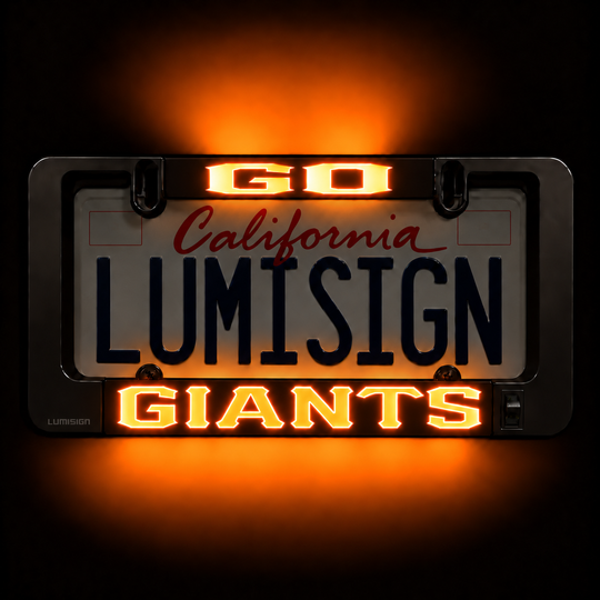 Close-up of lit LUMISIGN GIANTS LED license plate frame insert with California GO text