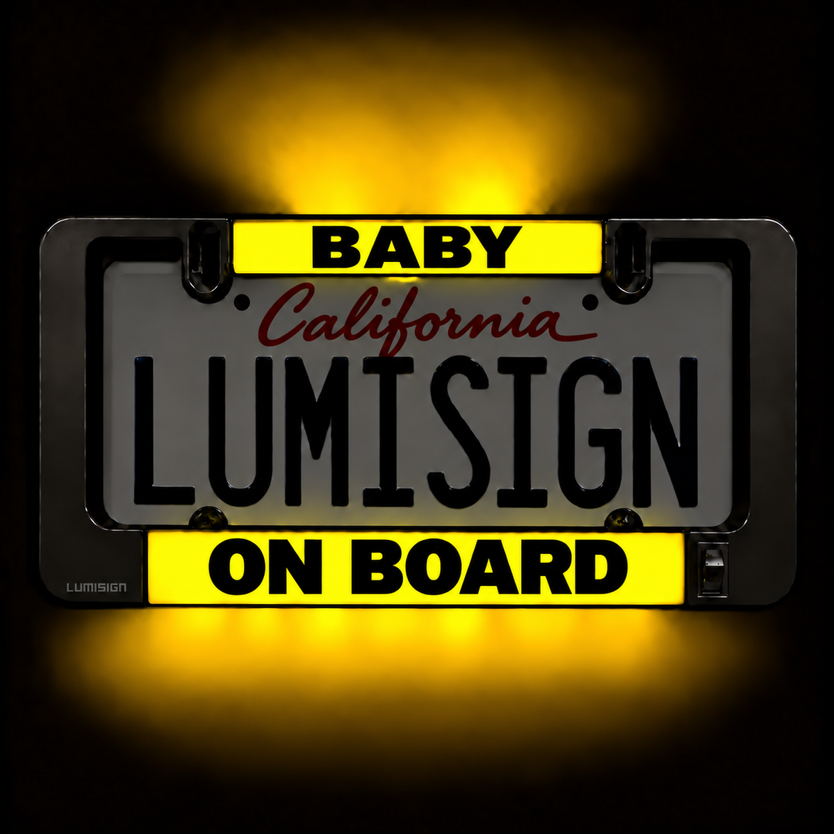 Light-up Lumisign license frame with yellow BABY ON BOARD inserts