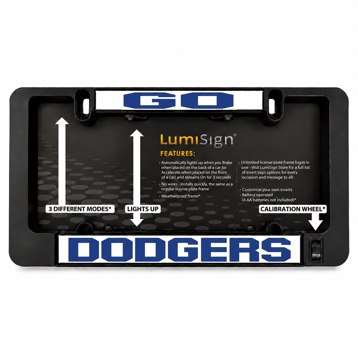 Black LED license plate frame back view with "LumiSign" and a "DODGERS" insert