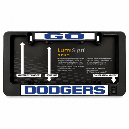 Black LED license plate frame back view with "LumiSign" and a "DODGERS" insert