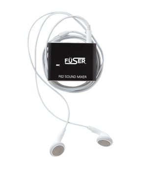 Wired earphones with black FÜSER sound mixer box and splitter cables