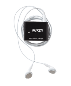 Wired earphones with black FÜSER sound mixer box and splitter cables