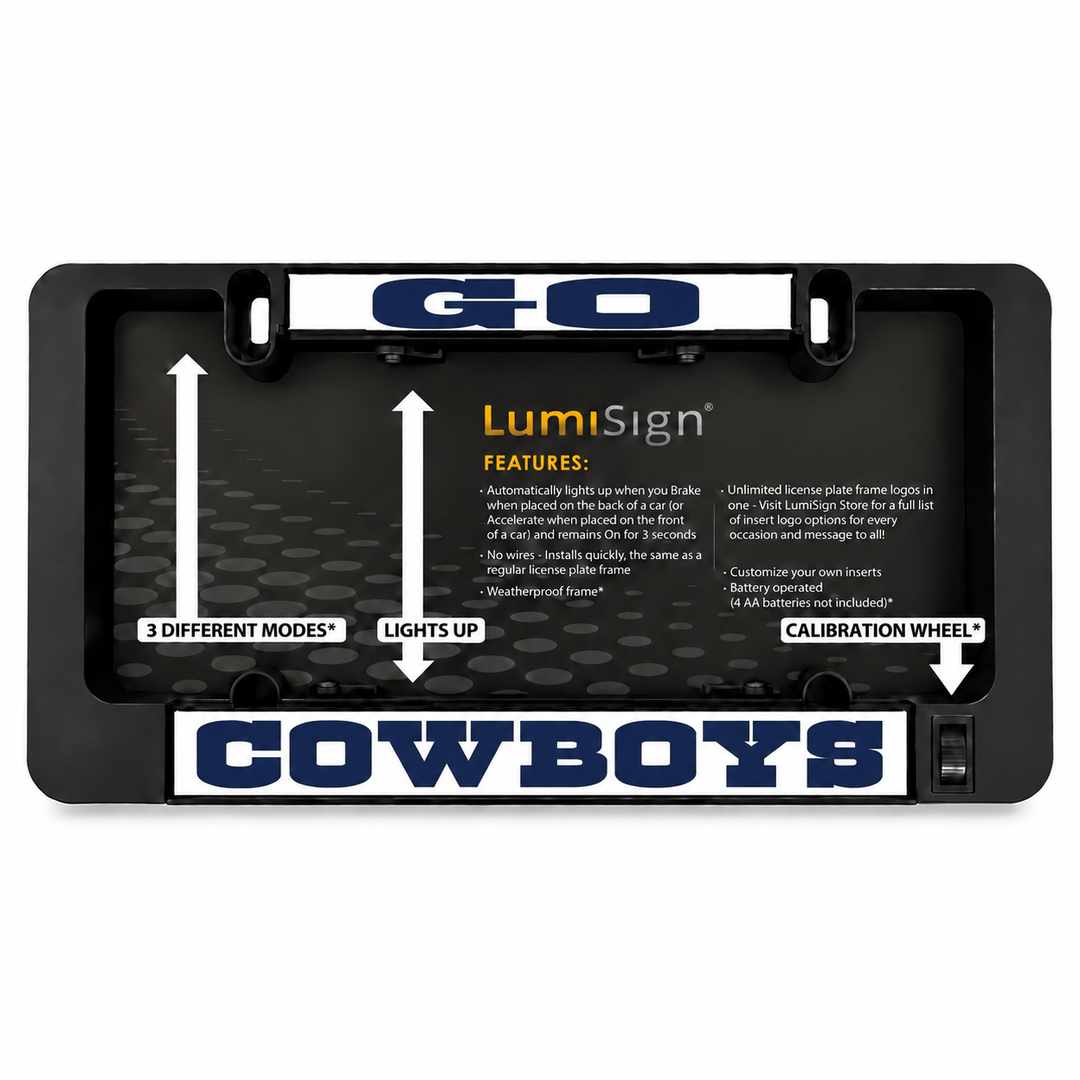 Black LUMISIGN license-plate frame with insert display and control panel