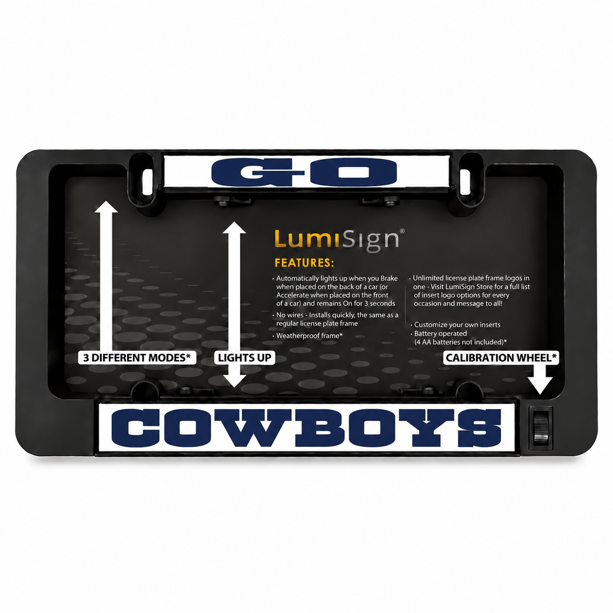 Black LUMISIGN license-plate frame with insert display and control panel
