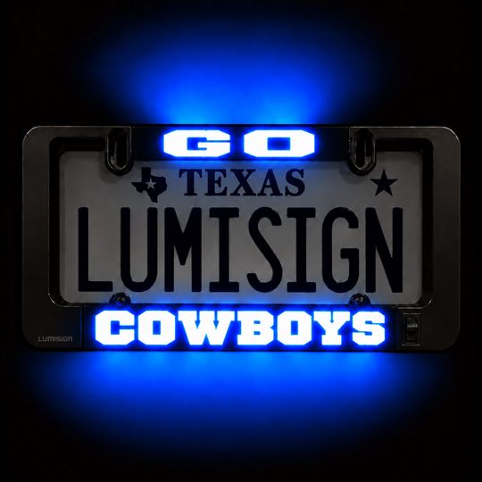 LED Texas license-plate frame with illuminated GO COWBOYS and LUMISIGN text