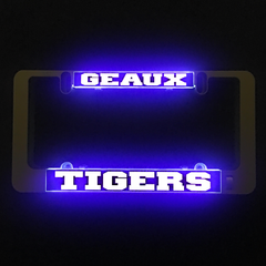 Illuminated LumiSign insert reading 'GEAUX TIGERS' with blue glow