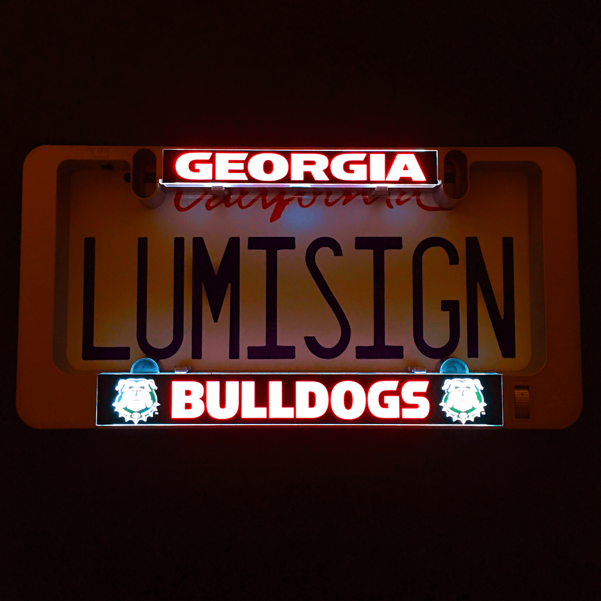 Georgia Bulldogs LumiSign insert glowing with Georgia header and Bulldogs logo.