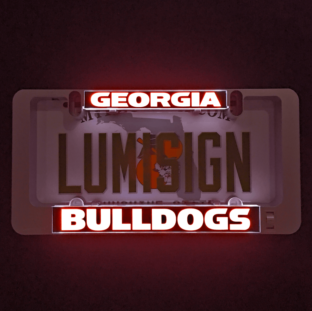 LumiSign insert glowing with Georgia and Bulldogs logos and large &